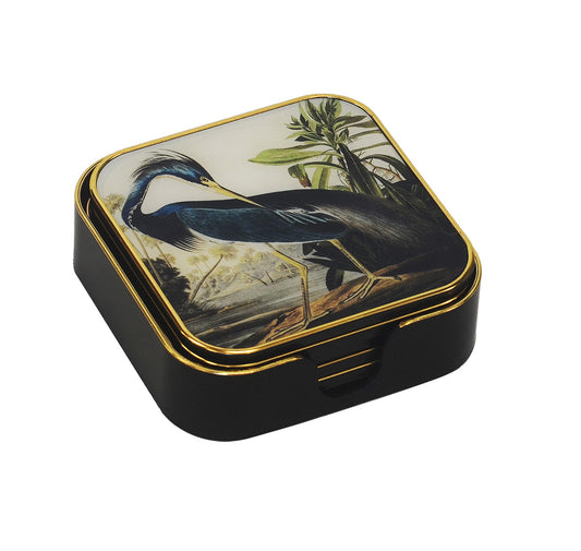 Set of six square acrylic coasters with heron print