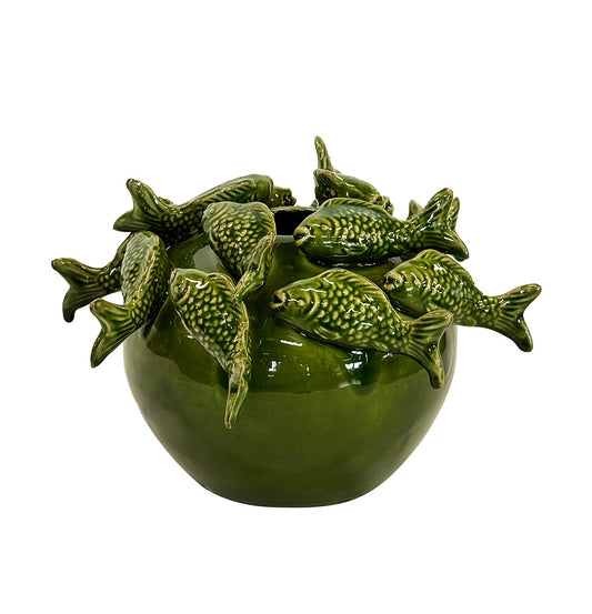 Round green ceramic fish vase