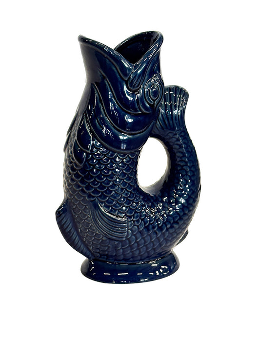 Large cobalt ceramic jug with koi fish motif, 30cm