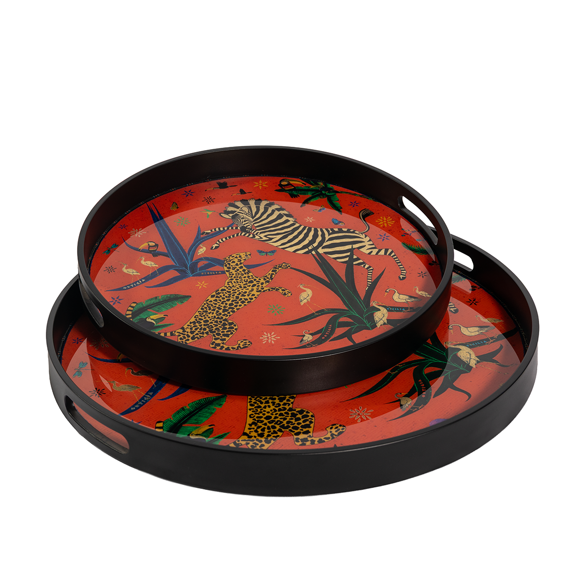 Set of two round acrylic trays in red zebra chaos print