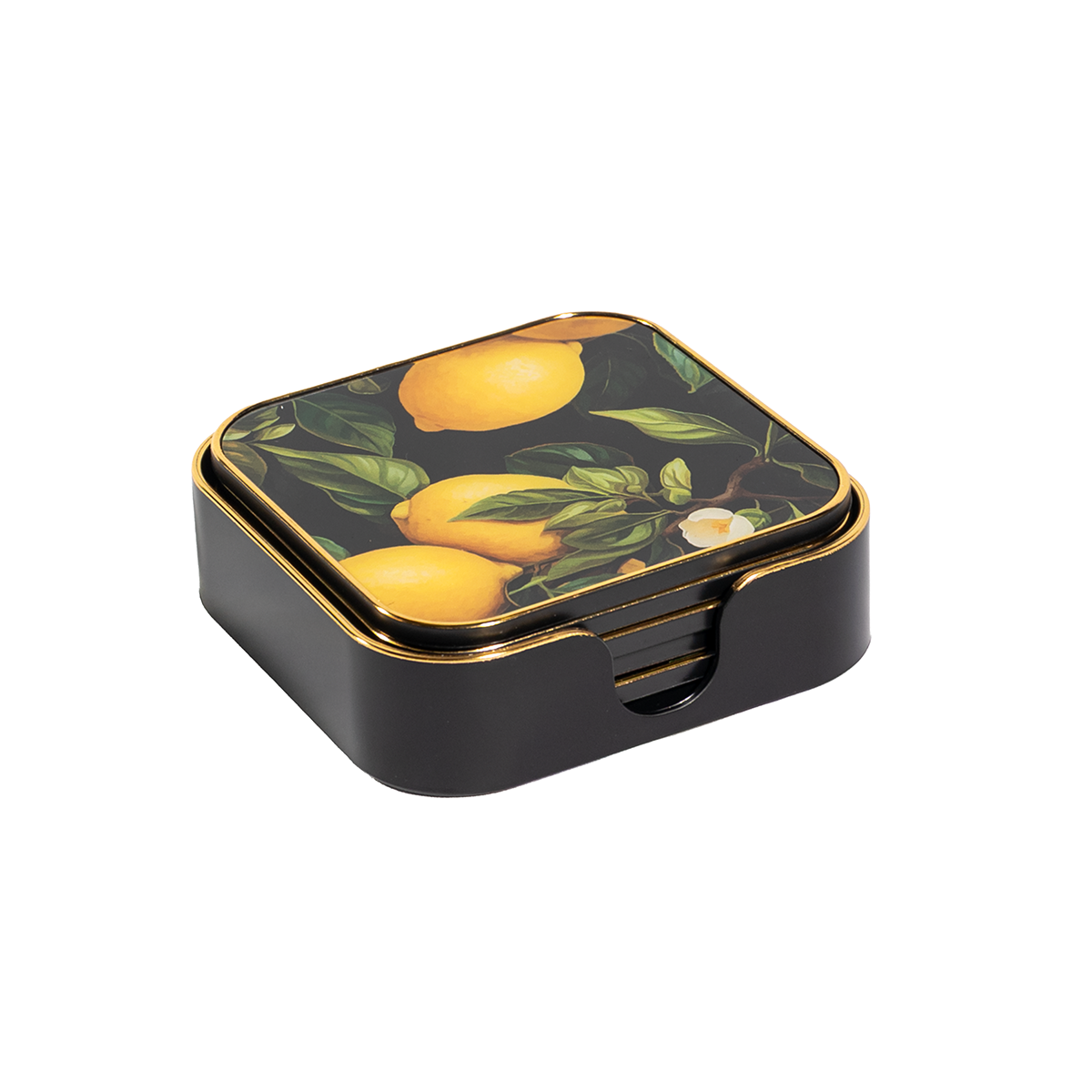 Set of six square acrylic coasters in lemon zest print